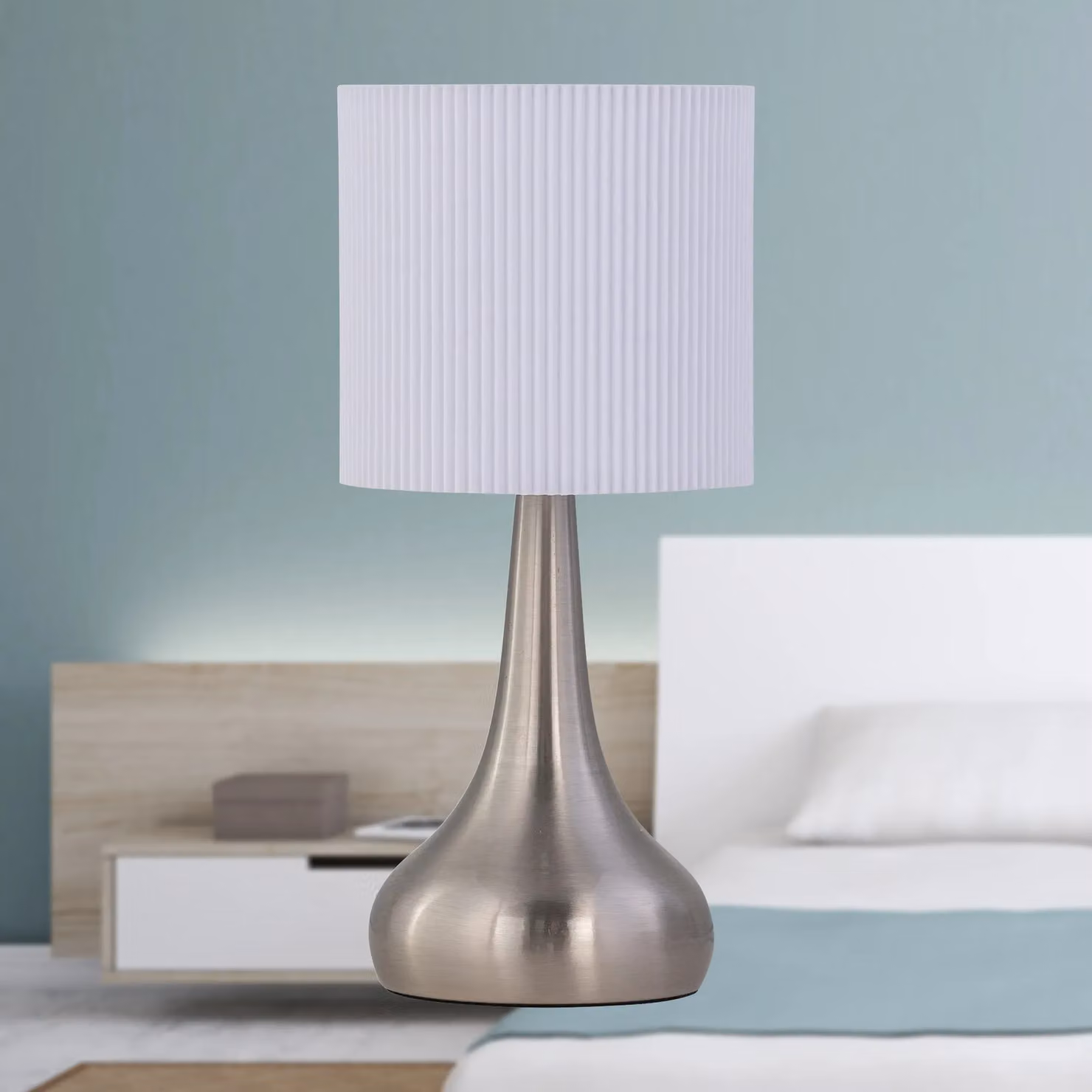 First Choice Lighting Romana Set of 2 Brushed Chrome Touch Table Lamps with White Fabric Shades – 3