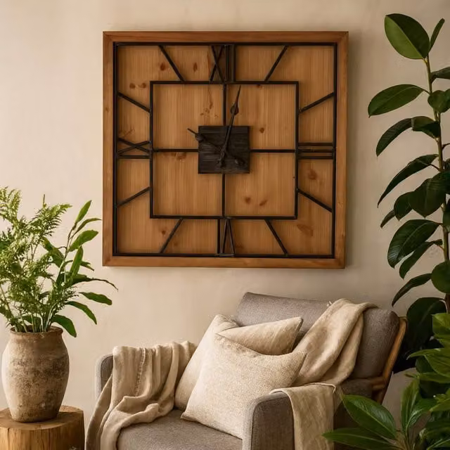 Wyld Haus Large Square Industrial Wall Clock in Brown and Black with Wood and Metal Details