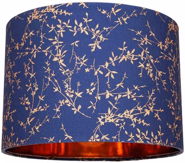 Happy Homewares Modern Round Soft Cotton Fabric Lamp Shade with Gold Floral Decoration in Blue, Diameter: 30.48 cm – 1
