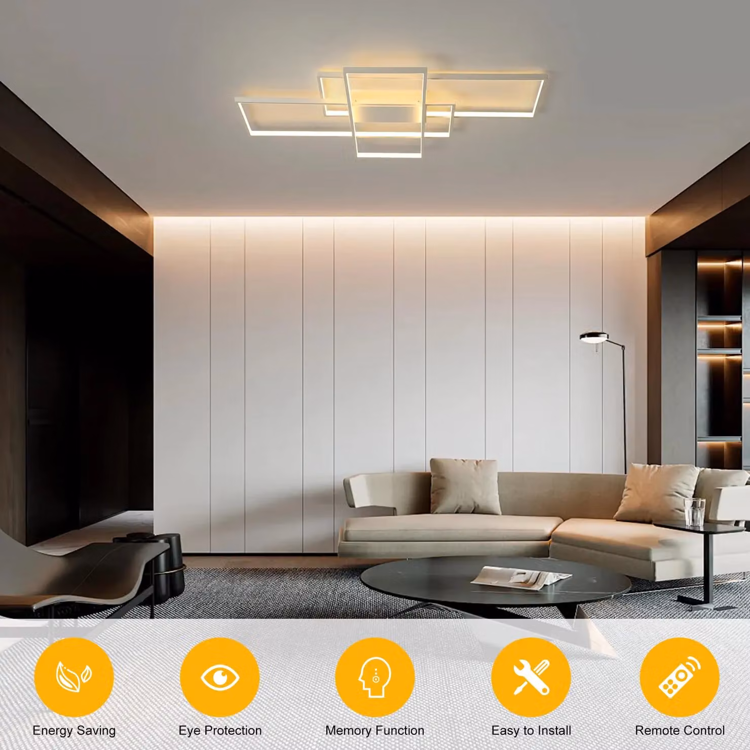 Garwarm Dimmable LED Ceiling Light with Remote Control, 50W Modern Rectangular Chandelier in White – 2