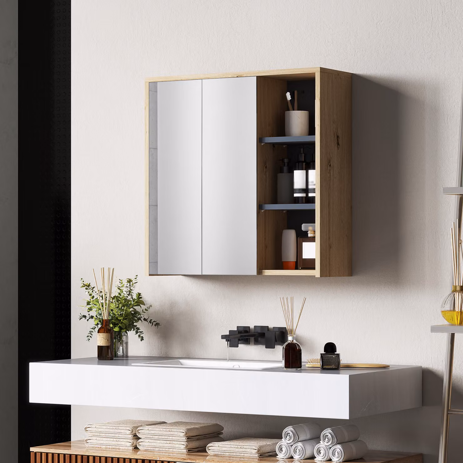 HOMCOM Modern Wall-Mounted Five-Shelf Mirrored Bathroom Cabinet in Brown Wood-Effect – 2