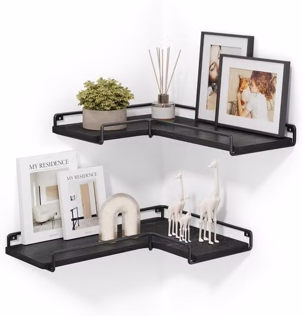 VASAGLE Set of 2 Modern Black Corner Floating Wall Shelves