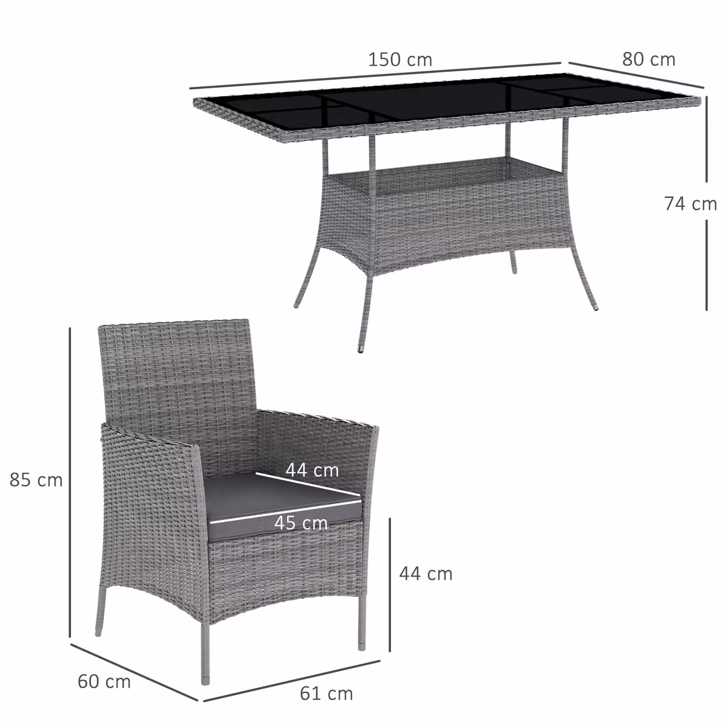 Outsunny 7-Piece Rattan Garden Furniture Set with Cushions, 6 Seater Glass Top Table and 6 Armchairs, Charcoal Grey – 3