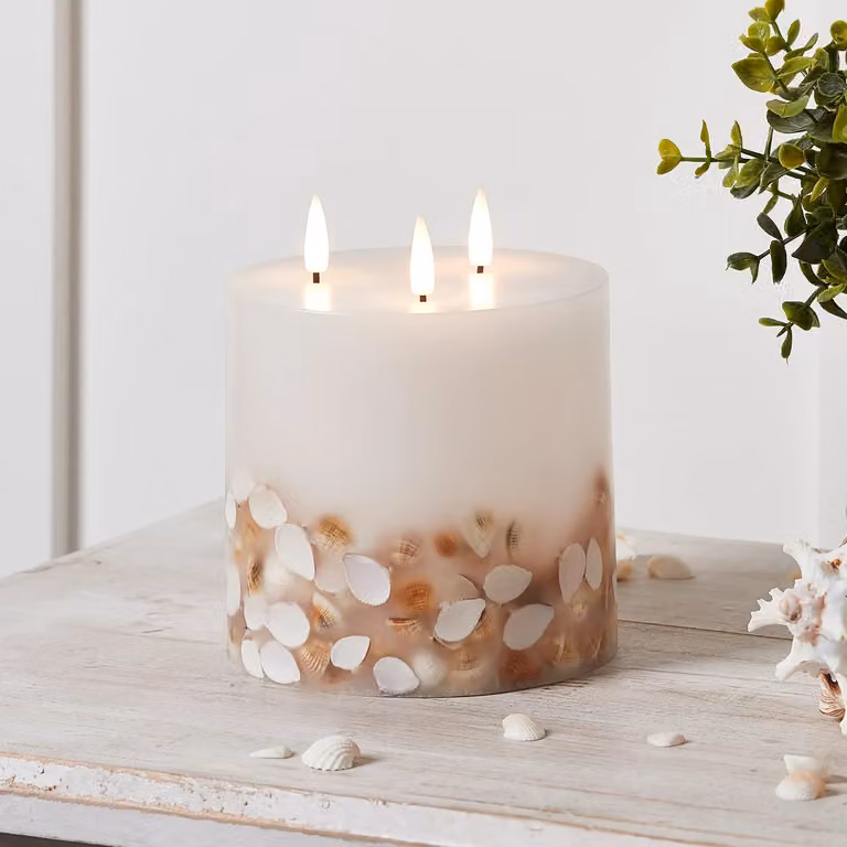 TruGlow® White LED Shell 3 Wick Pillar Candle with Remote Control, Flicker Effect and Timer