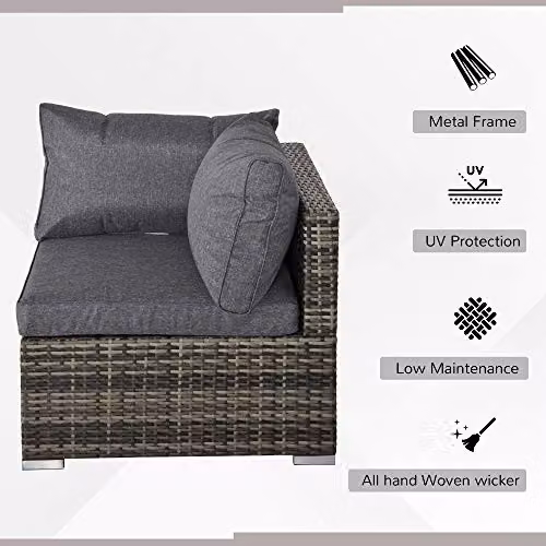Outsunny L-Shape Polyrattan Corner Garden Sofa with Upholstered Cushions in Grey – 3