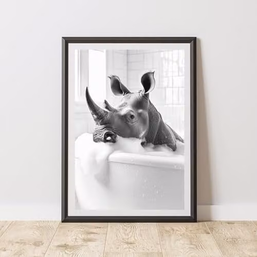60 Second Makeover Rhino In The Bath Animal Print Paper Poster, W: 21.0 cm, H: 29.7 cm