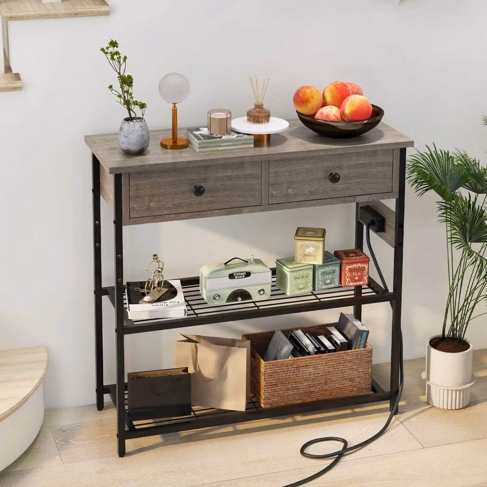 NESTLUNE Narrow Entryway Console Table with Built-in Charging Station, Grey, W/D/H: 100 x 100 x 100 cm – 3