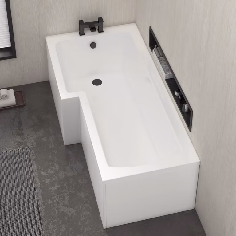 Qubix White Acrylic L Shaped Corner Shower Bath with Front Panel, W: 150 cm, D: 85 cm