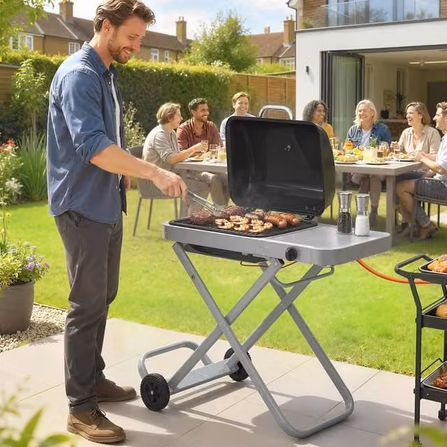 Outsunny Foldable Gas BBQ Barbecue Grill with Side Table and Wheels, 2.5 kW, Black
