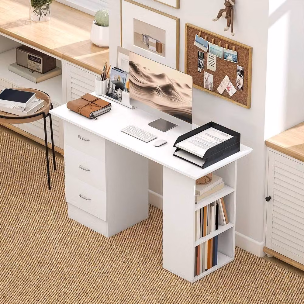 KORVIXA White Computer Desk with 3-Tier Storage Shelves and Single Pedestal Drawer – 2