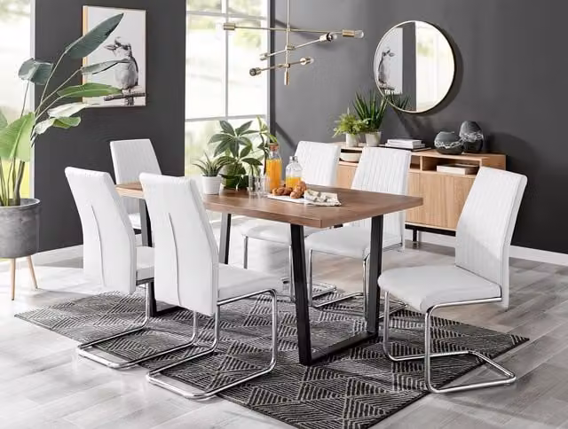 FurnitureboxUK Kylo Brown Wood Effect Rectangular Dining Table and 6 White Lorenzo Faux Leather Chairs – 1