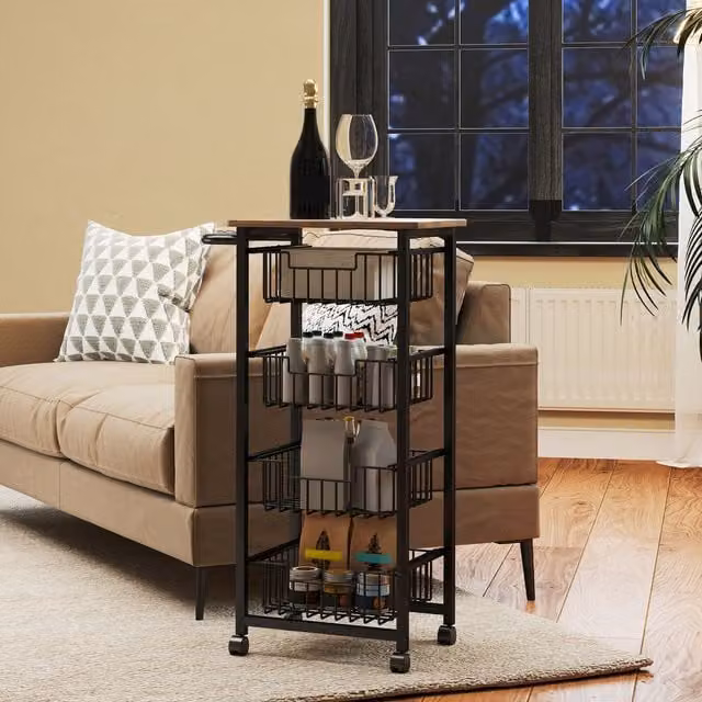 HOMCOM Modern Kitchen Island on Wheels with 4 Pull-Out Baskets in Oak Wood Finish
