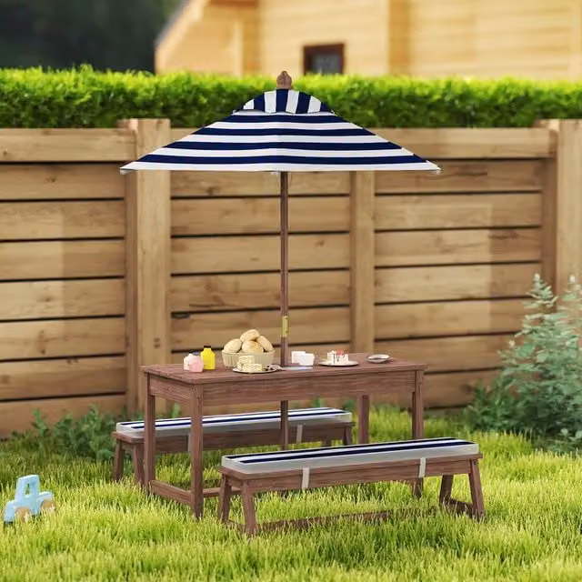 AIYAPLAY Kids Picnic Table and Benches Set with Striped Umbrella in Dark Brown Wood