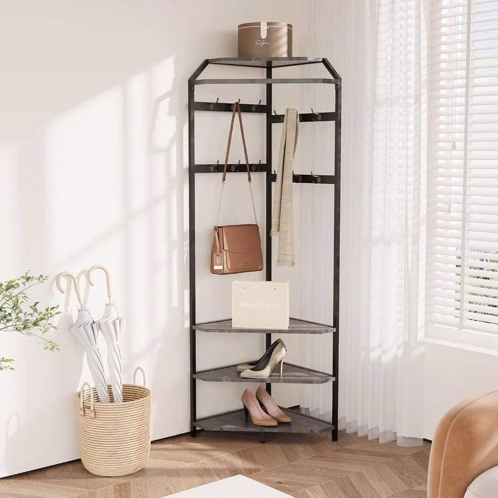 VOGREX Grey Modern Hall Tree with Bench and 12 Hooks for Hallway, Bedroom or Living Room – 3