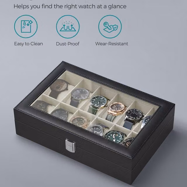 SONGMICS 12-Slot Watch Box Case with Glass Lid, Black, W: 30 cm, D: 8.5 cm, H: 8.5 cm