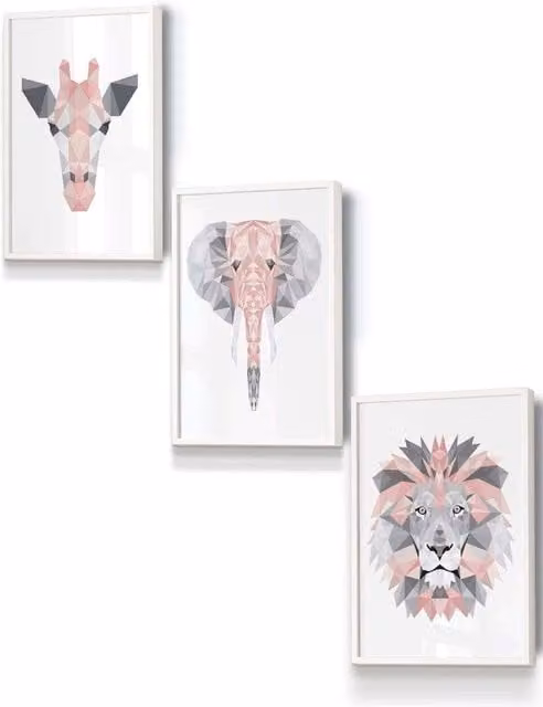 ARTZE Geometric Pink, Grey and White Jungle Animal Heads Framed Wall Art, W: 33 cm, H: 45 cm, D: 0.2 cm