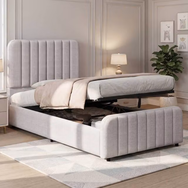 Rolipo Modern Upholstered Ottoman Storage Bed Frame in Grey, W/D/H: 90 x 190 cm