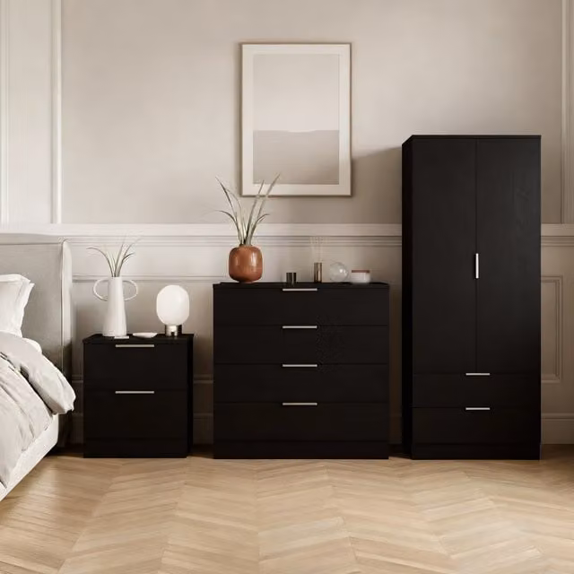 Vida Designs Trega 3 Piece Black Modern Bedroom Set including Wardrobe, Chest of Drawers and Nightstand