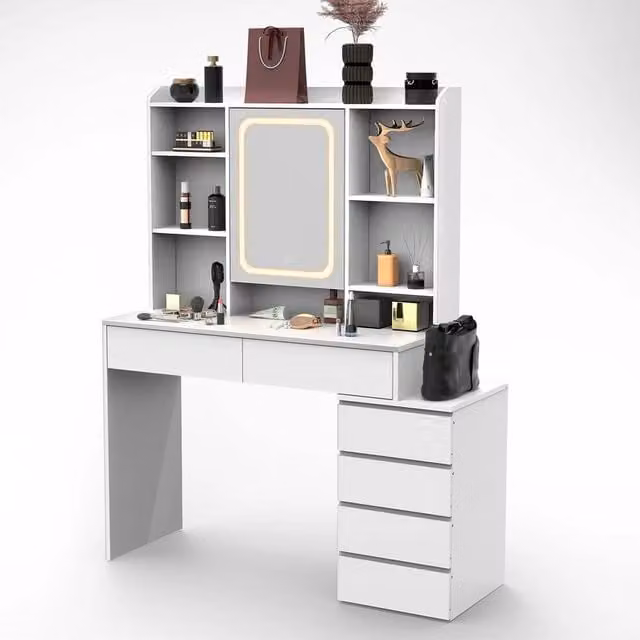 FORGEVIO Modern White Glossy Dressing Table with 6 Drawers and Hollywood LED Mirror Set