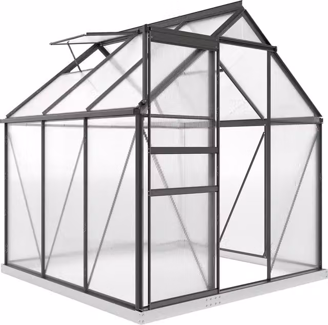 Outsunny Grey Walk-In Polycarbonate Greenhouse with Sliding Door and Rain Gutter, W/D/H: 190 x 190 x 200 cm
