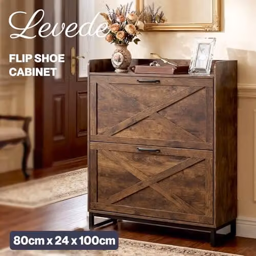 Levede Slim Shoe Cabinet with 2 Tilting Drawers and Internal Shelves, Brown Walnut Wood Colour, H 80 x W 100 x D 24 cm – 3