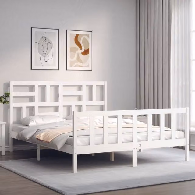 Berkfield Home White Solid Pine Bed Frame with Headboard W/D/H: 160 x 200 cm – 1