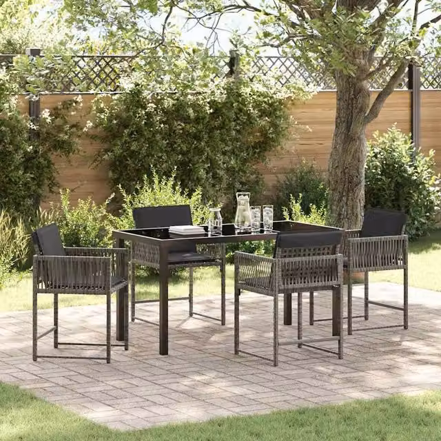 Berkfield Home 5 Piece Grey Poly Rattan Garden Dining Set with Glass Top – 1