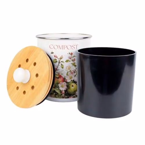 Purely Home Apple Blossoms Compost Caddy, Enamel Metal Kitchen Food Waste Bin with Removable Inner Bucket and Odour Filter, Green and White, 2L – 3