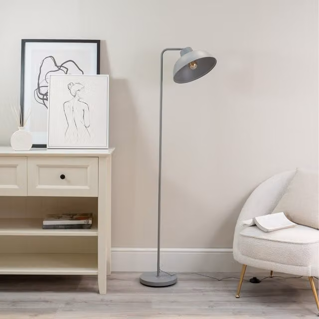 ValueLights Morris Mid-Century Metal Floor Lamp with Angled Grey Dome Shade