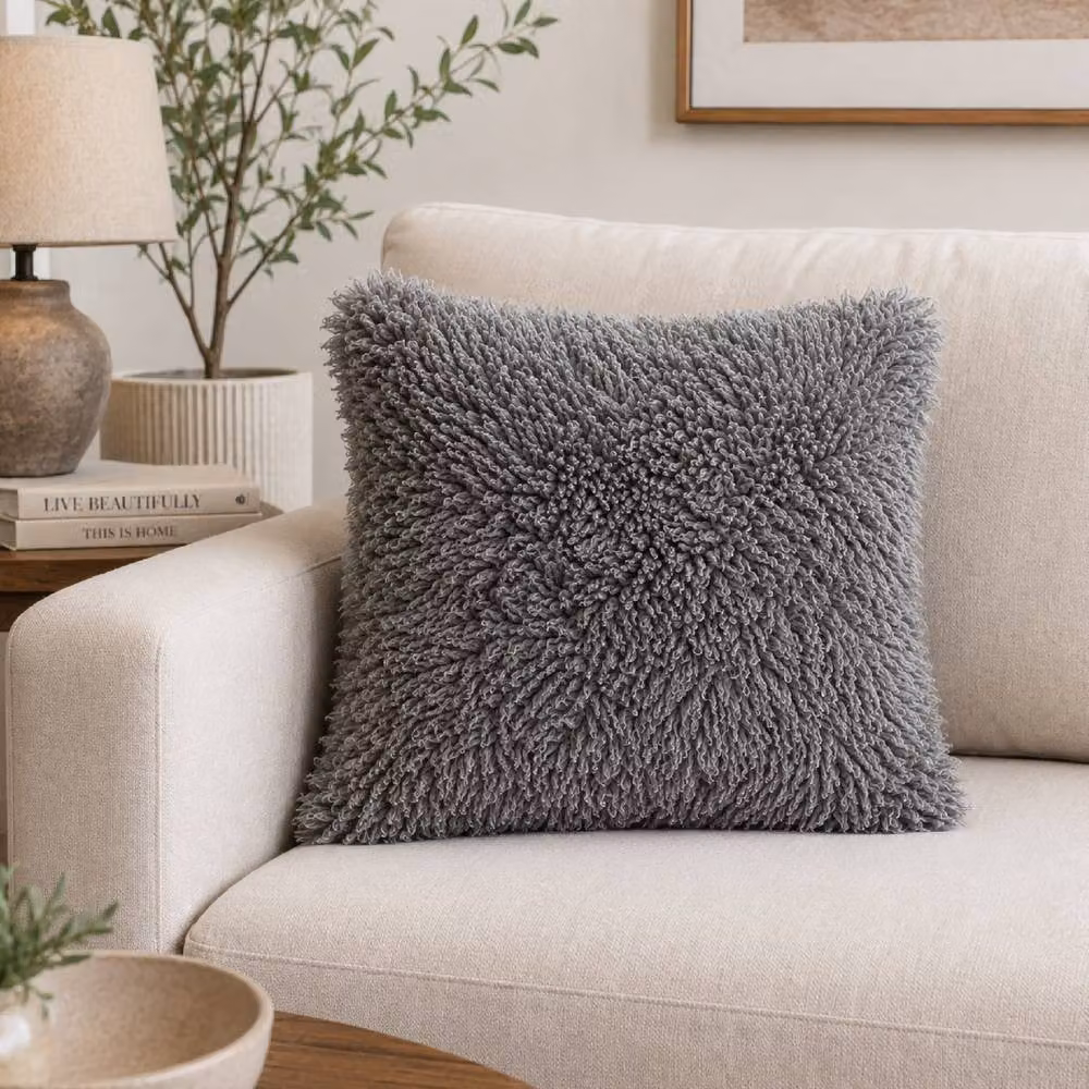 SNUGRUGS Soft Long Curly Wool Sheepskin Cushion with Cotton Backing and Inner, Grey, W/D/H: 50 x 50 x 50 cm – 2