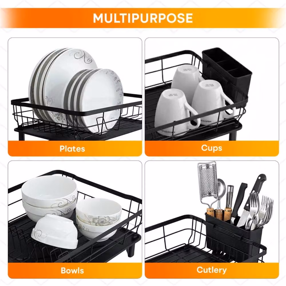 Nordara Black Dish Drainer Rack with Cup Holder and 360 Degree Rotating Drip Tray – 4