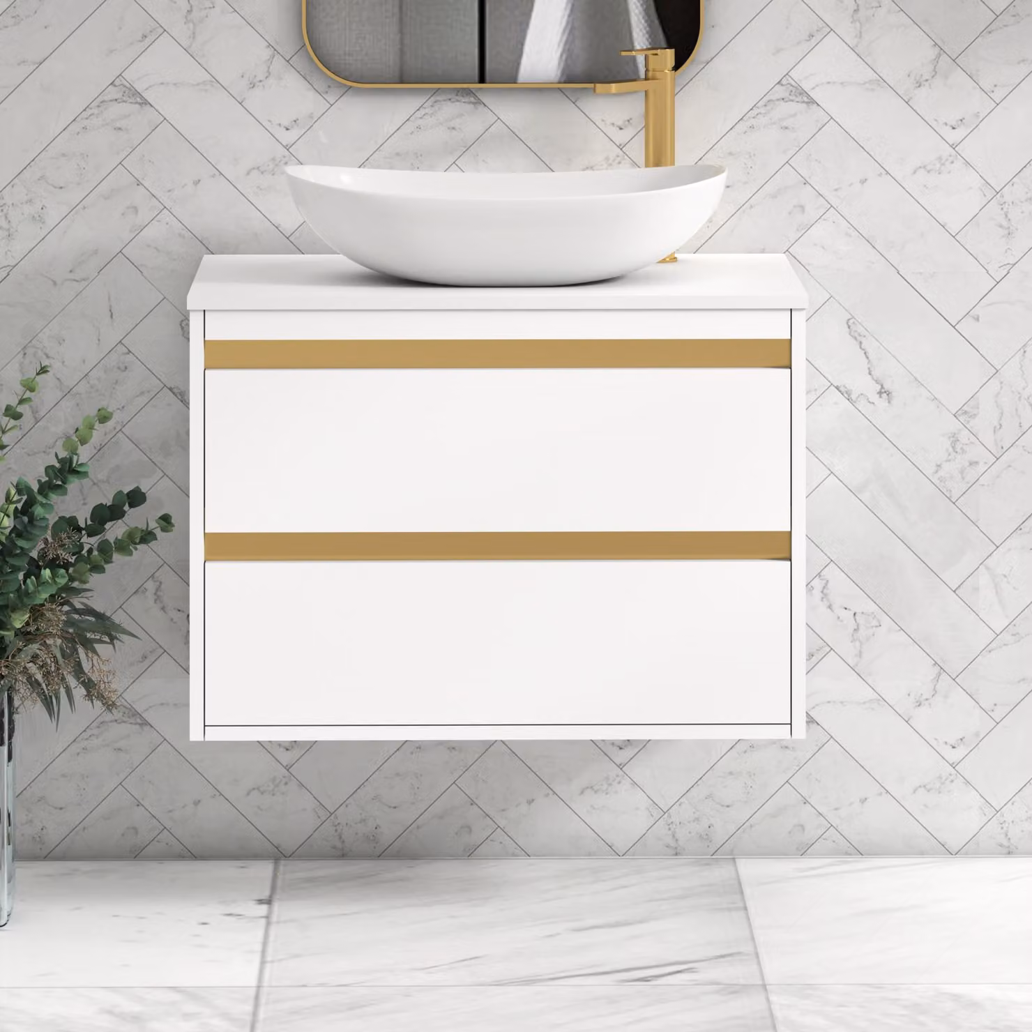 Royal Bathrooms Orion 800mm Matt White Wall Hung 2 Drawer Vanity Unit with Cesar Basin and Brushed Brass Accent Trim