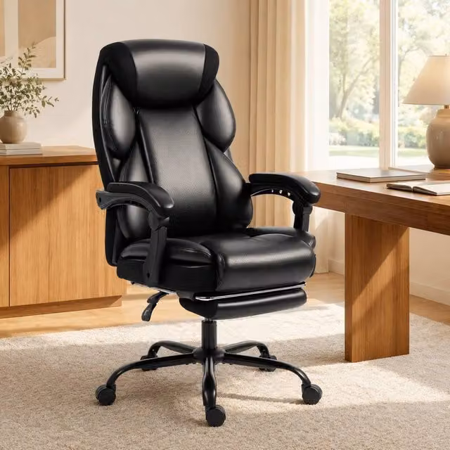STILVORA Black Synthetic Leather Office Chair with Footrest, Reclining Function, Headrest and 360 Degree Swivel – 1