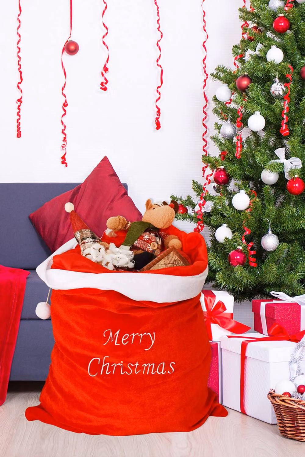 Neel Blue Red Christmas Sack with Merry Christmas Embroidery, W: 50 cm, H: 70 cm – 5