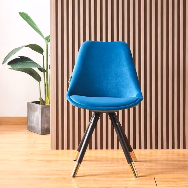 Life Interiors Set of 4 Sofia Modern Ergonomic Dining Chairs Upholstered in Blue Velvet with Metal Legs and Gold End Caps – 1