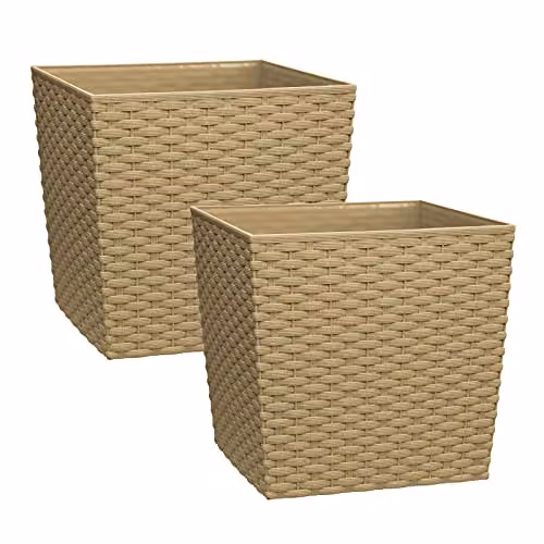 Simpa Cubie Rattan Plastic Planters, Beige, Set of 2, W: 25 cm x D: 25 cm x H: 25 cm – 1