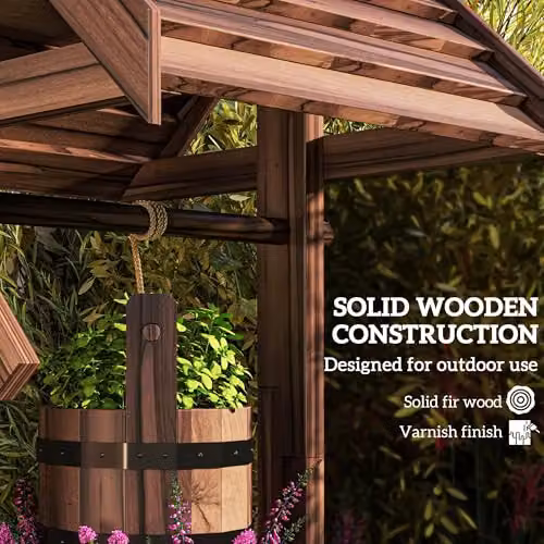 Outsunny Brown Wooden Wishing Well Planter with Adjustable Hanging Bucket – 5