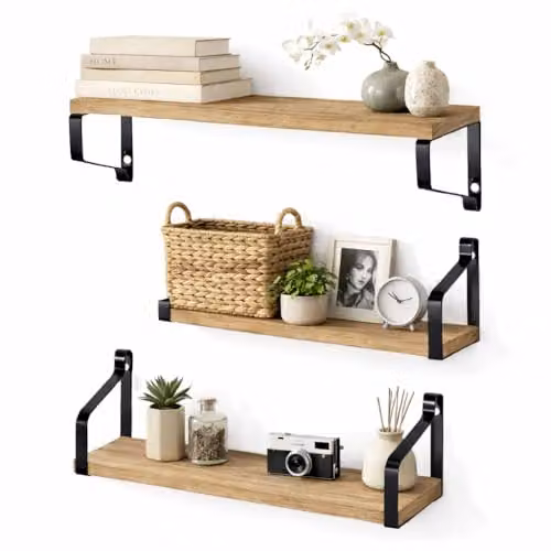 Harbour Housewares Set of 3 Brown Industrial Wooden Floating Shelves with Metal Brackets, Wall Mounted Storage Display for Kitchen, Bathroom, Bedroom or Living Room