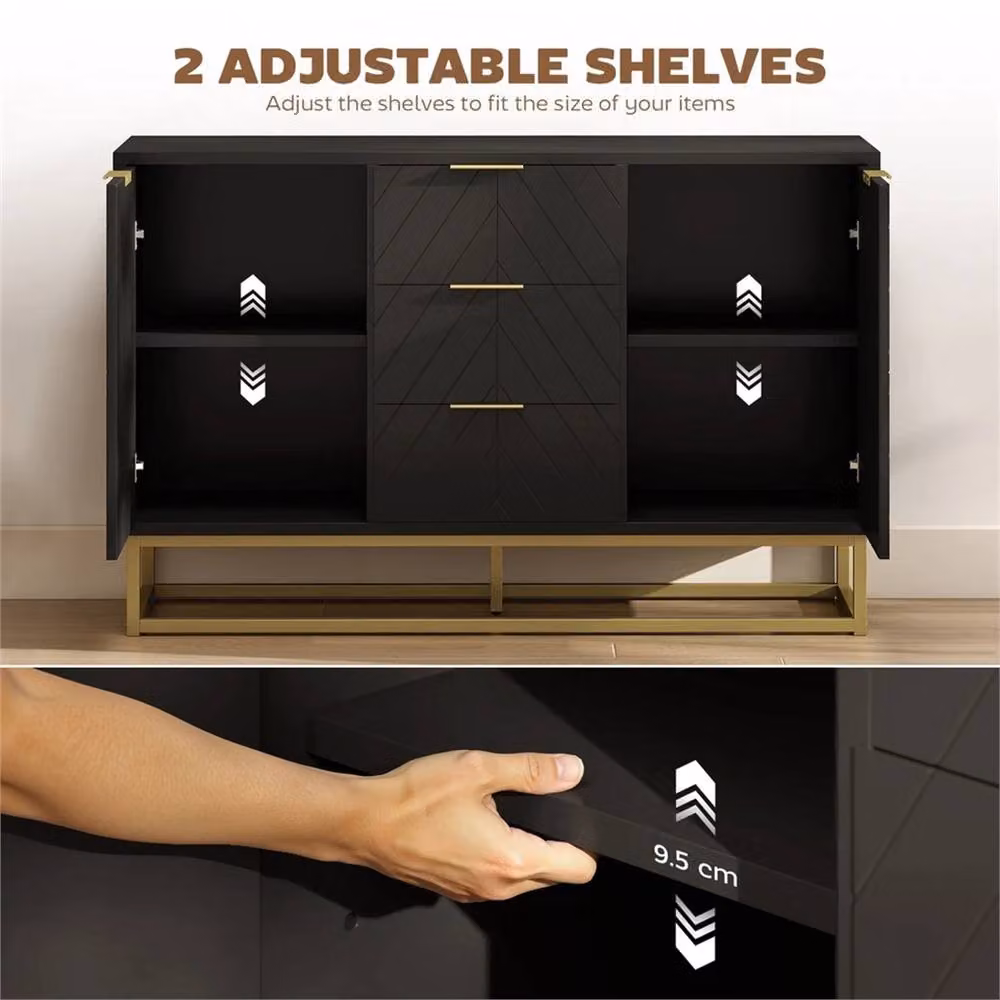 Nordara Modern Black and Gold Sideboard Storage Cabinet with Adjustable Shelves, W: 220 cm, H: 90 cm – 3