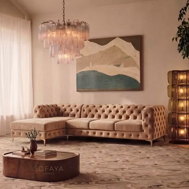 Sofaya Monaco Chesterfield 4 Seater L-Shaped Sofa in Light Brown Velvet with Left Hand Chaise