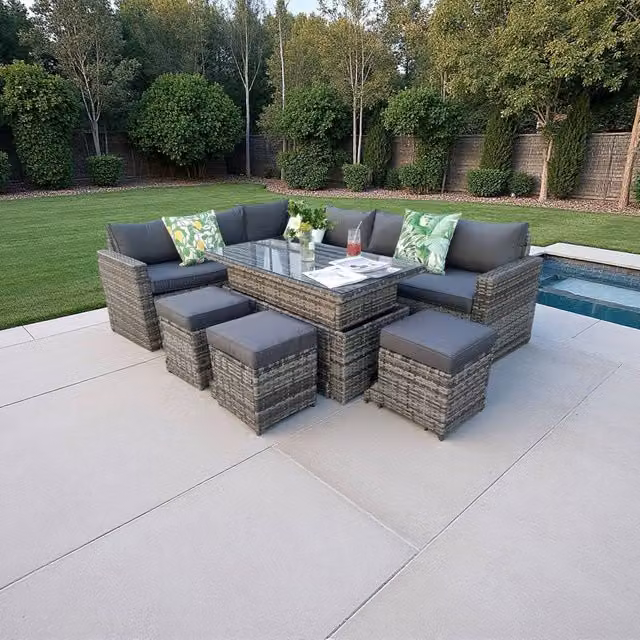 Outdoor Living Tarporley Grey 9 Seat Corner Rattan Dining Set with Rising Table