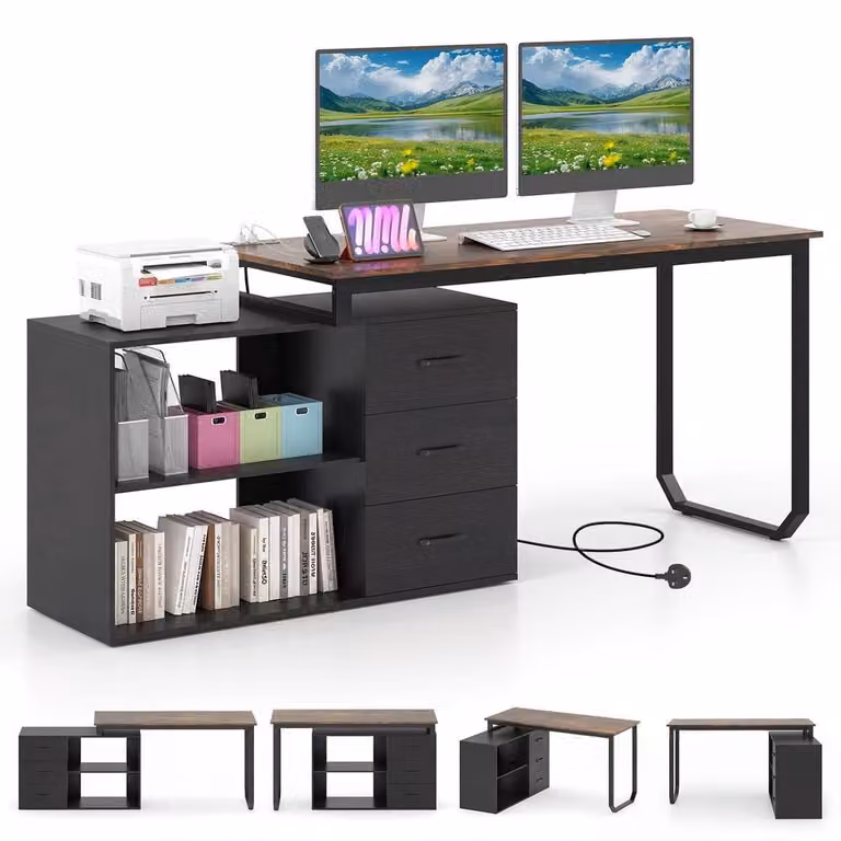 Costway Reversible L-Shaped Corner Desk with Power Outlet in Brown, Width: 140 cm