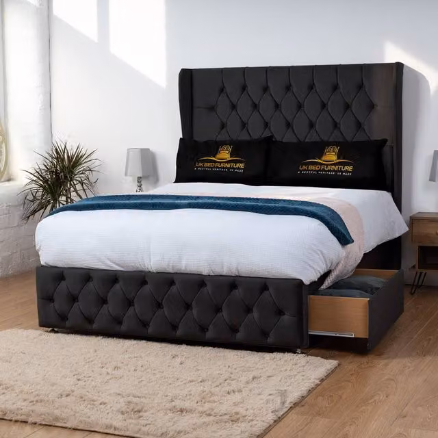 Luxor Living Luxor Wingback Divan Bed with 54 Inch Headboard and 2 Foot End Drawers in Black, Super King, W/D/H: 200 x 200 cm