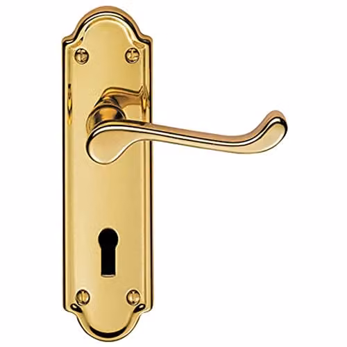 Loops Pair Victorian Upturned Handle on Lock Backplate, Polished Brass, 168 x 47 mm
