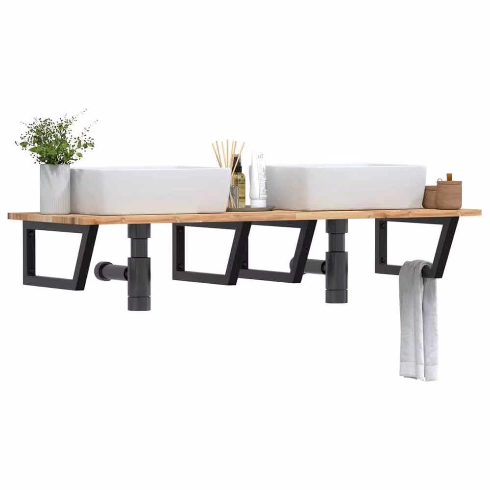 Berkfield Home Wall Mounted Basin Shelf in Brown Acacia Wood and Steel – 2