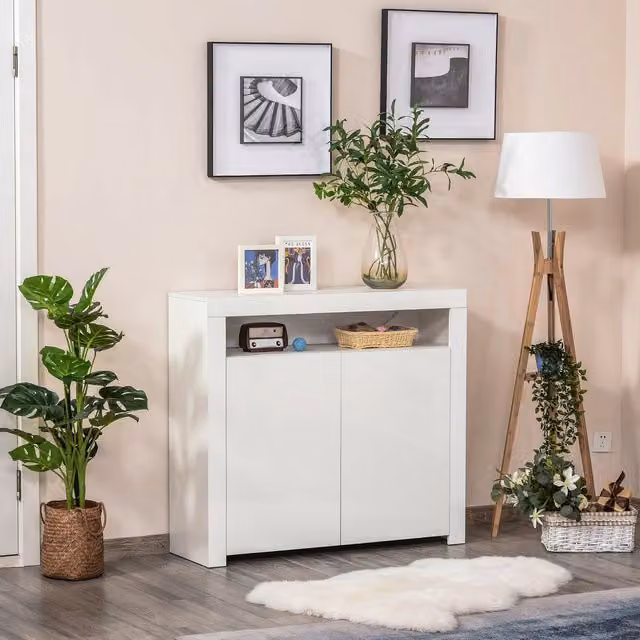 HOMCOM Modern High Gloss LED Cabinet with RGB Lighting in White