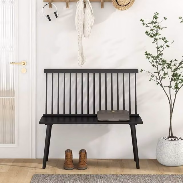 Costway Black Rubberwood Windsor Entryway Bench with Backrest – 1