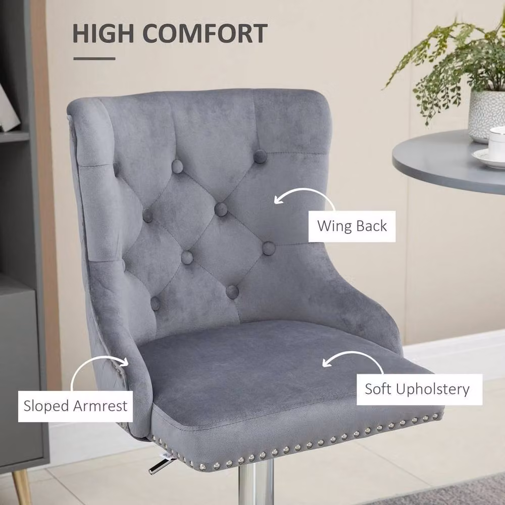 SPETLEK Set of 2 Adjustable Grey Velvet Swivel Bar Stools with Metal Footrest – 2