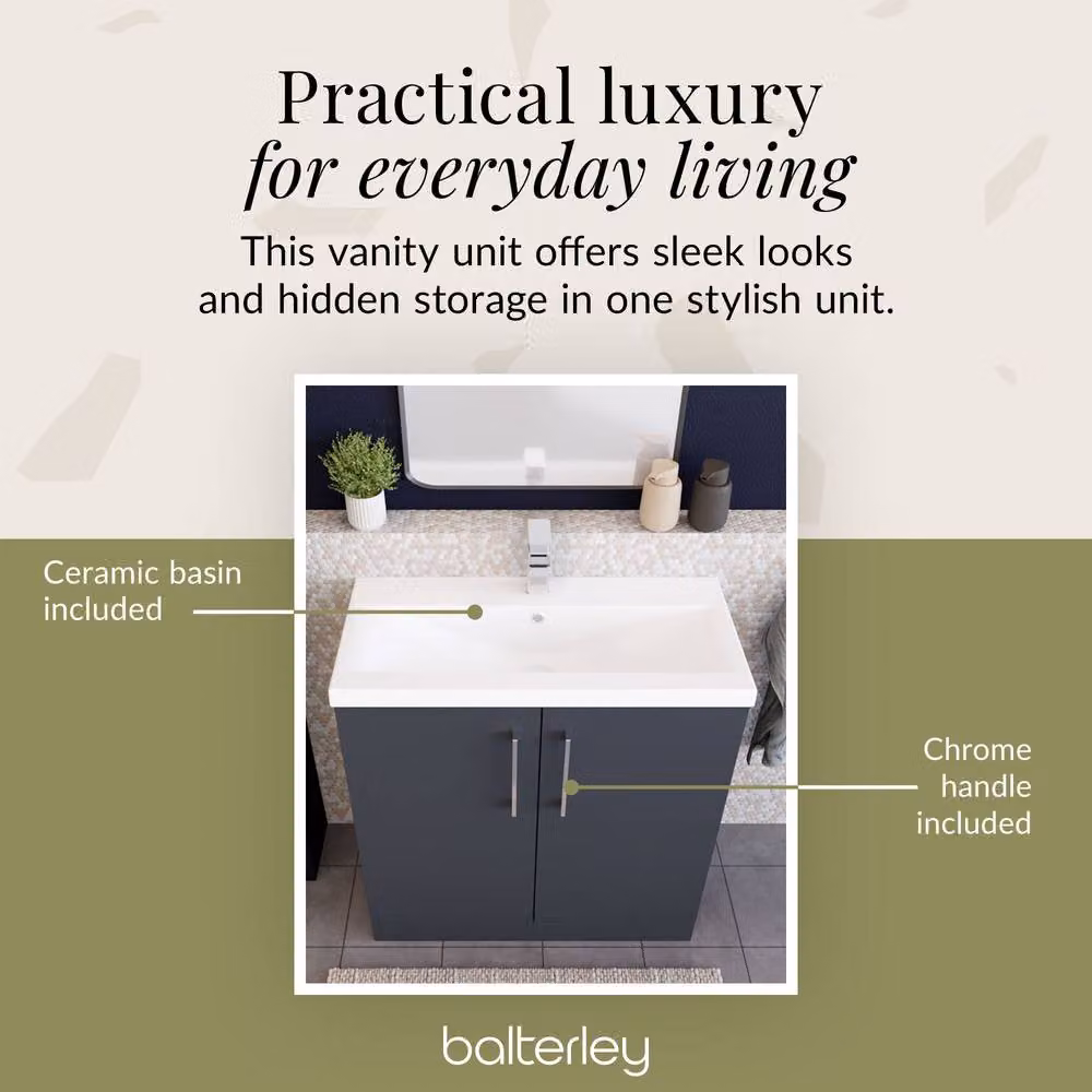 Balterley Modern Bathroom Floor Standing Vanity Unit with 2 Soft Close Doors and Rectangular Mid-Edge Basin, Dark Grey, W: 80 cm, D: 39 cm, H: 84 cm – 3