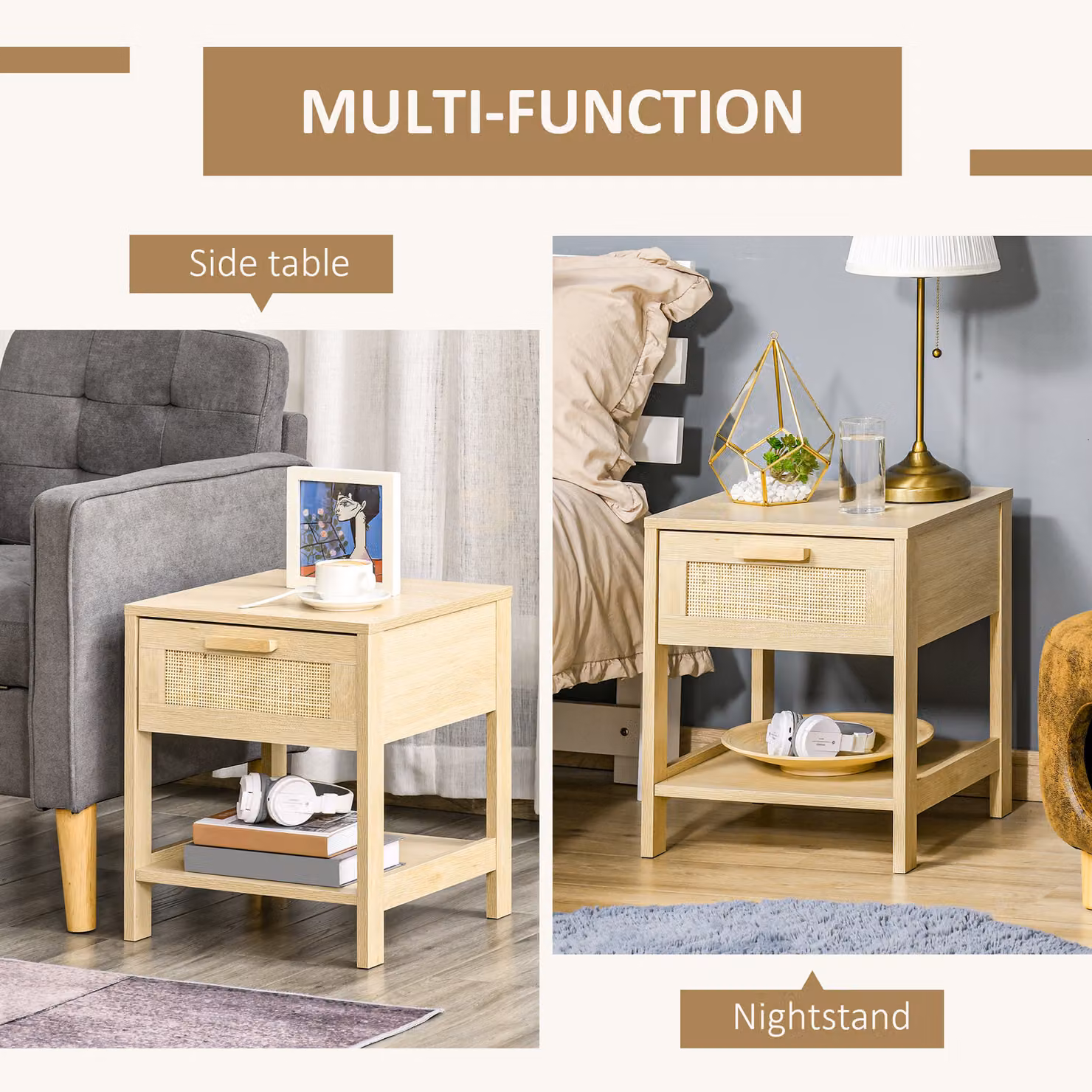 HOMCOM Boho Rattan Chest of Drawers and Nightstands Set in Nature Wood Finish, Brown and Beige – 3